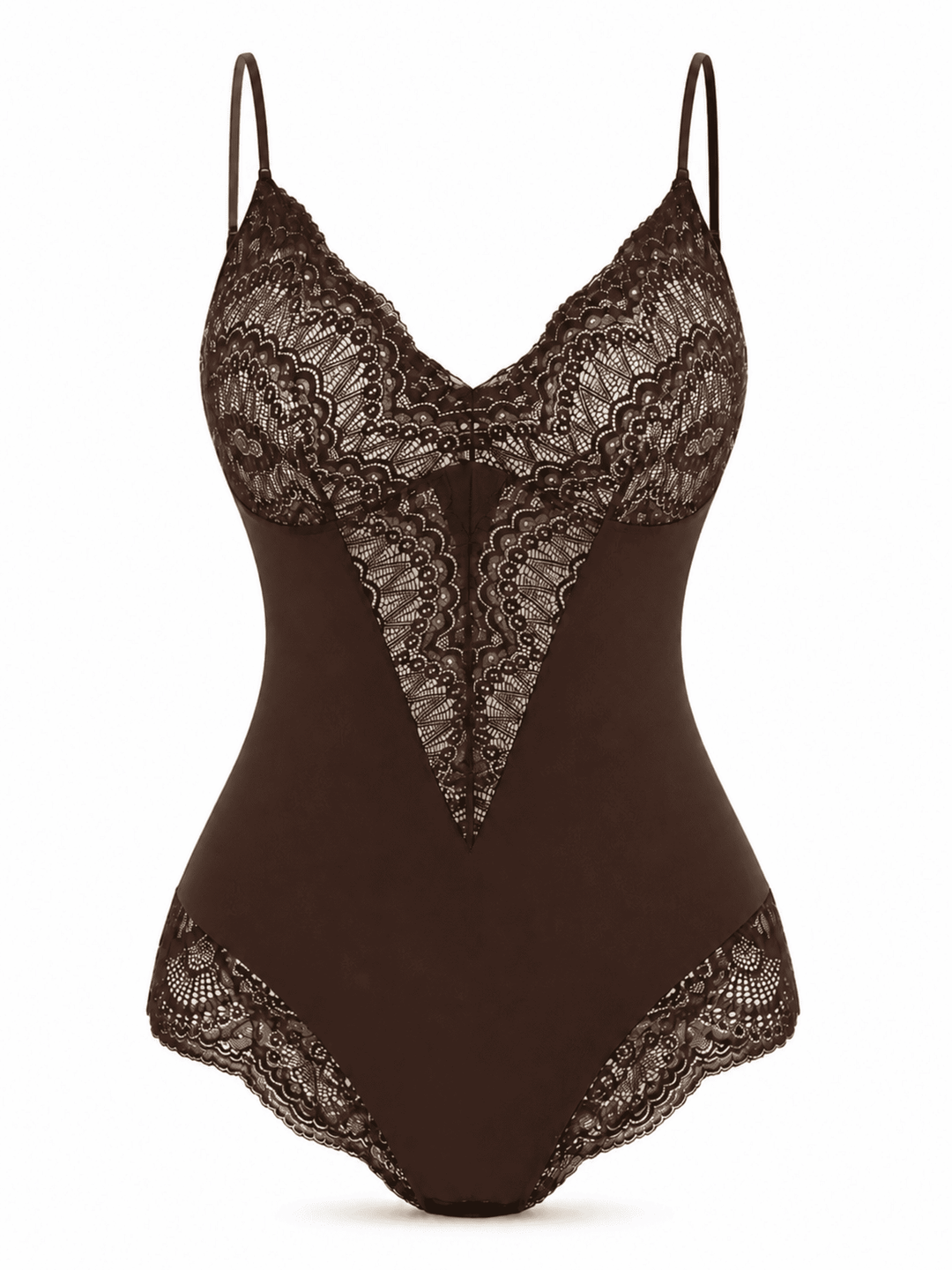 A dark brown bodysuit with black lace trim and thin shoulder straps, shown against a plain white background.
