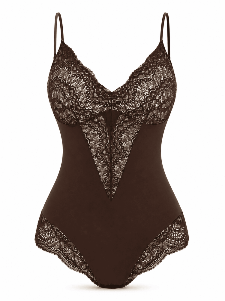 A dark brown bodysuit with black lace trim and thin shoulder straps, shown against a plain white background.