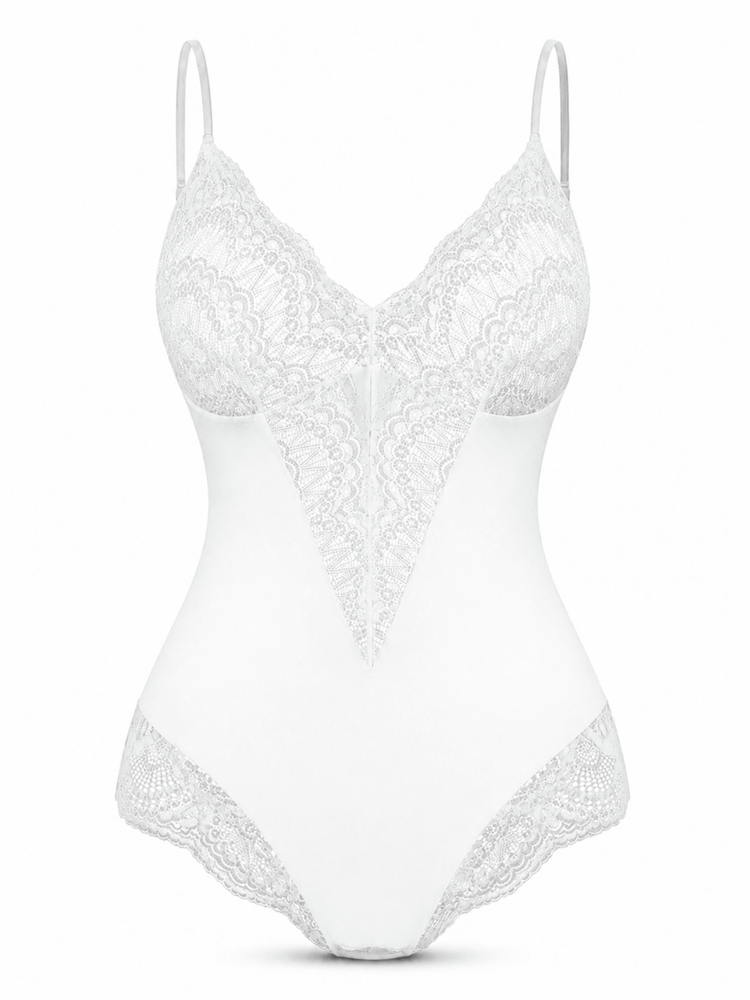 White lace and satin bodysuit with thin shoulder straps, a lace-trimmed V-neckline, and matching lace leg bands, shown on a plain white background.