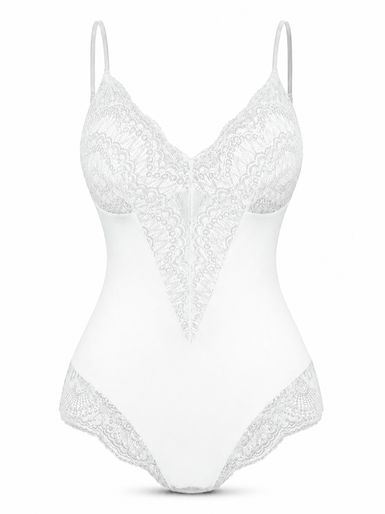 White lace and satin bodysuit with thin shoulder straps, a lace-trimmed V-neckline, and matching lace leg bands, shown on a plain white background.