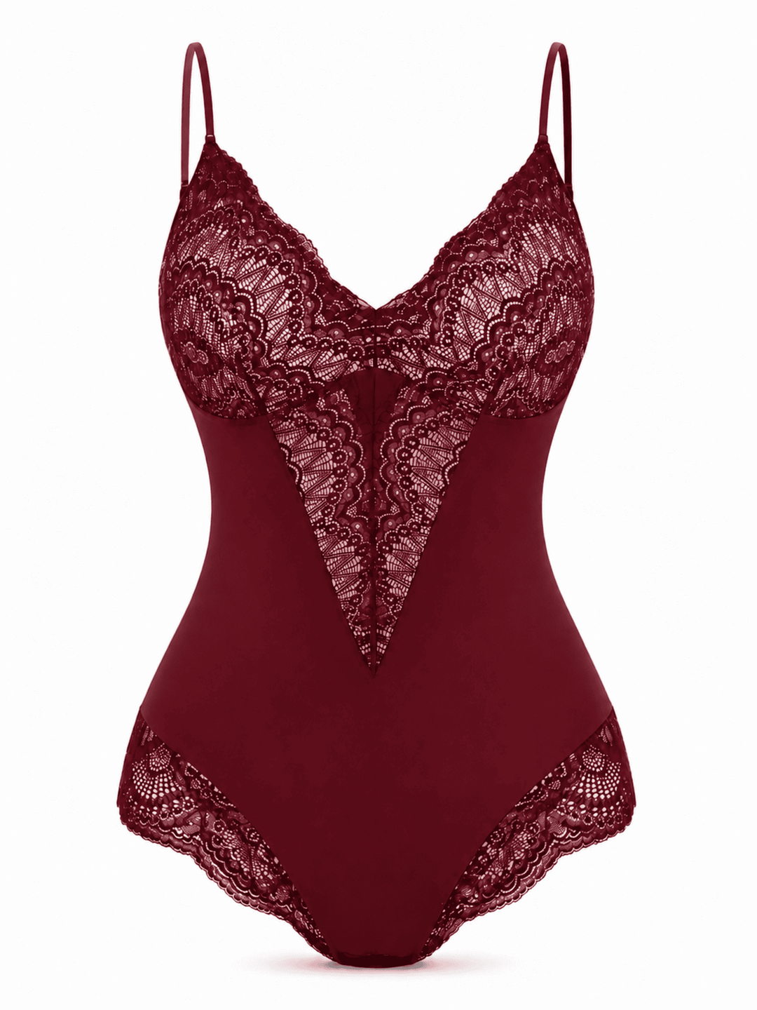 A burgundy lace and solid fabric one-piece bodysuit with thin shoulder straps, a deep V-neckline, and lace detailing on the bust, center front, and leg openings, shown against a plain white background.
