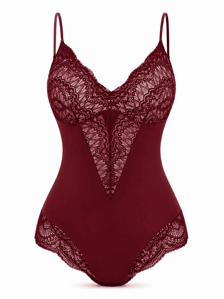 A burgundy lace and solid fabric one-piece bodysuit with thin shoulder straps, a deep V-neckline, and lace detailing on the bust, center front, and leg openings, shown against a plain white background.