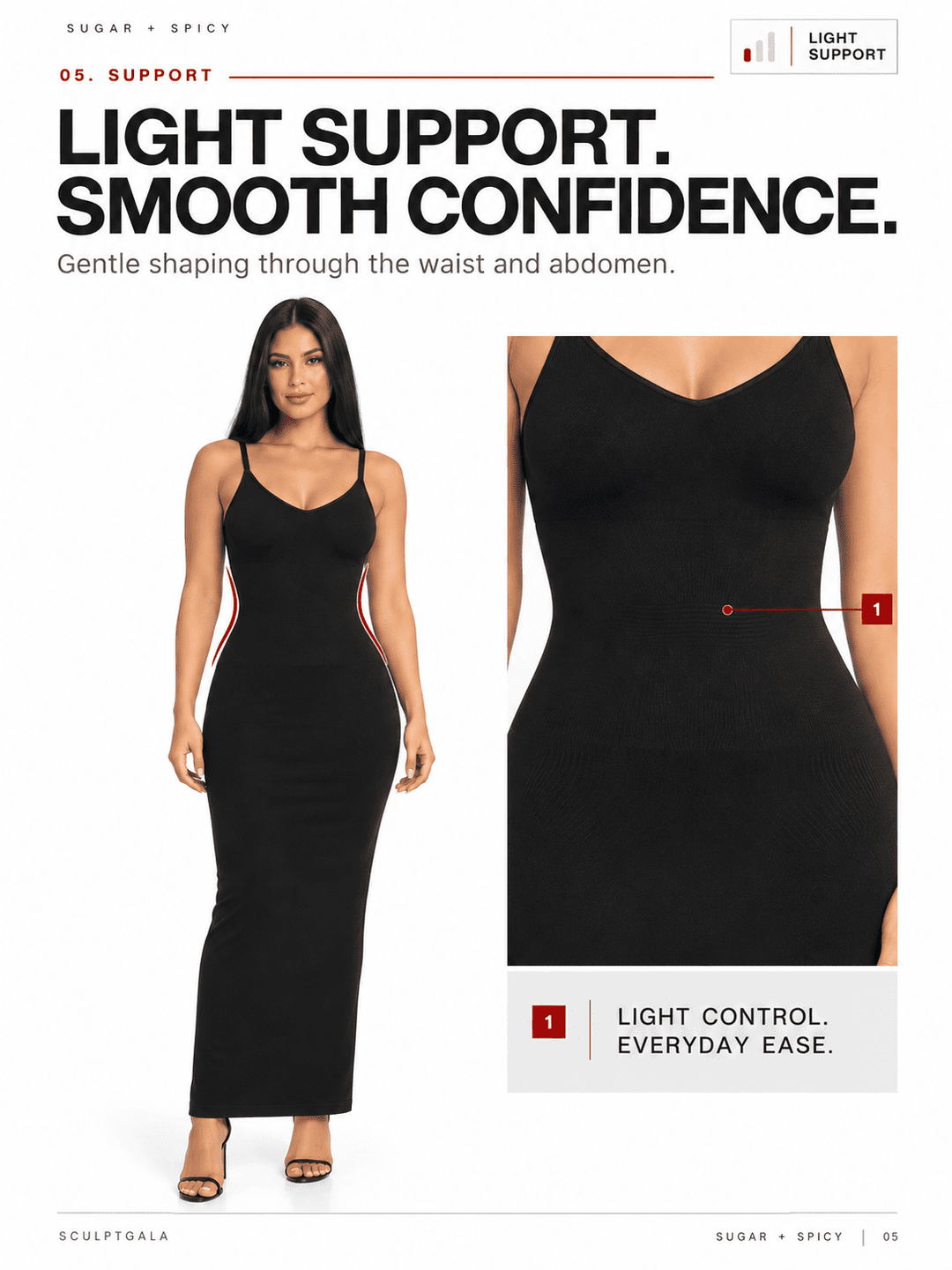 A fashion catalog page showing a woman modeling a fitted black spaghetti-strap maxi dress against a white background, alongside a close-up inset of the dress torso and marketing text about light support and smooth confidence.