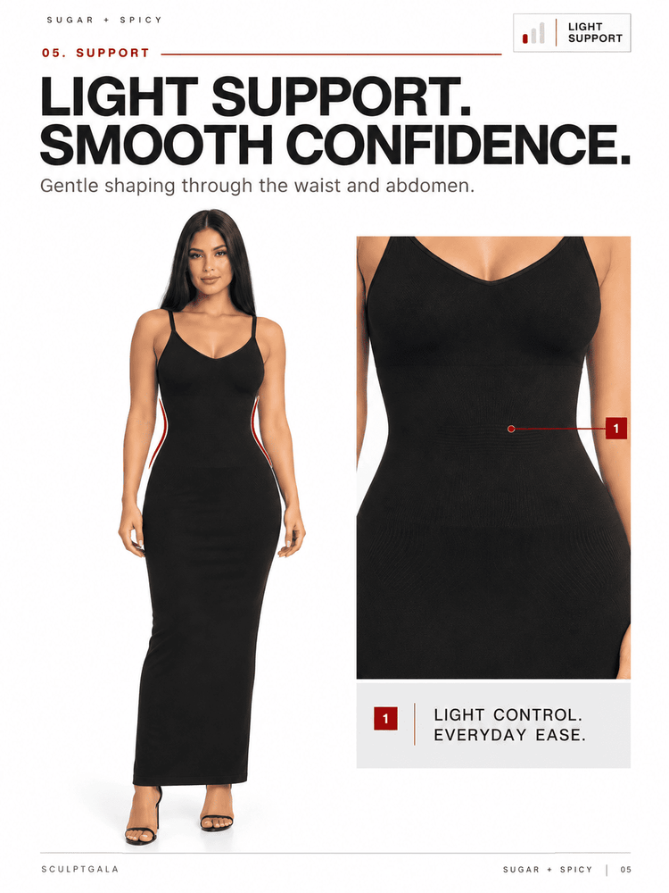 A fashion catalog page showing a woman modeling a fitted black spaghetti-strap maxi dress against a white background, alongside a close-up inset of the dress torso and marketing text about light support and smooth confidence.