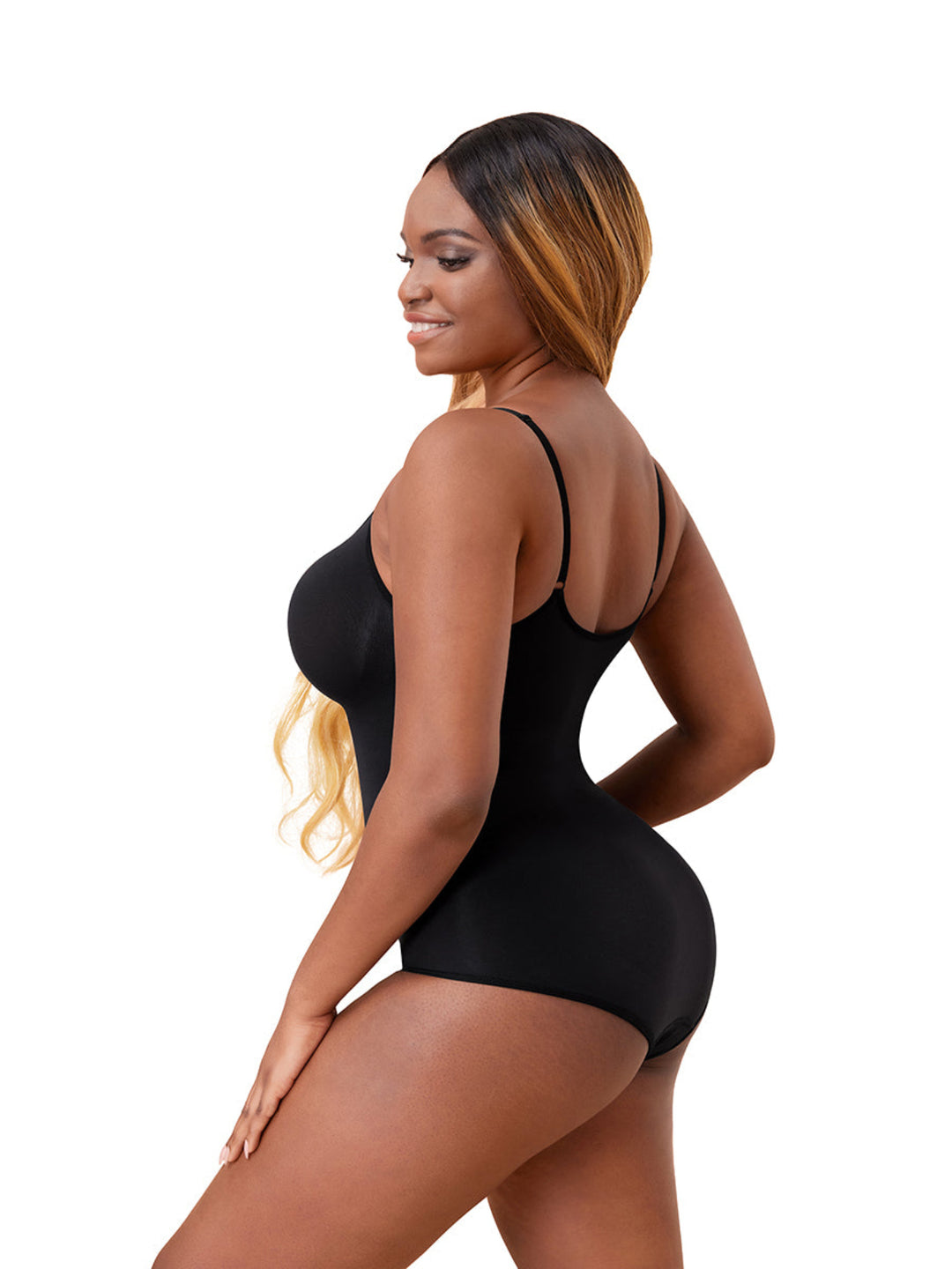 One-Piece Thong Bodysuit back view in black
