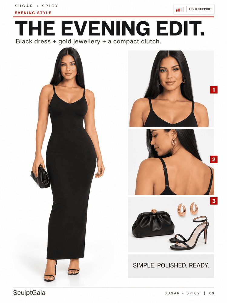 A fashion editorial page titled 'THE EVENING EDIT' showing a woman modeling a fitted black evening dress, with three inset detail photos and a clutch bag, earrings, and heels on a white background. The page includes the brand name SculptGala and text reading 'Black dress + gold jewellery + a compact clutch.