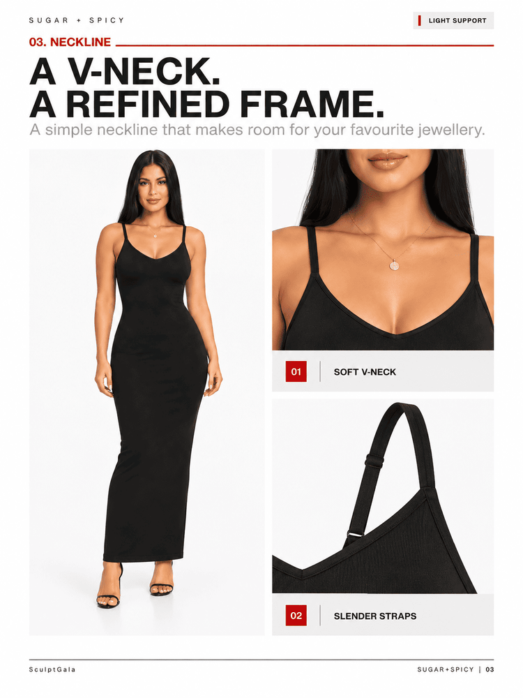 A fashion catalog page showing a model wearing a black spaghetti-strap V-neck maxi dress, with close-up inset photos highlighting the neckline and thin straps. Text reads 'A V-NECK.