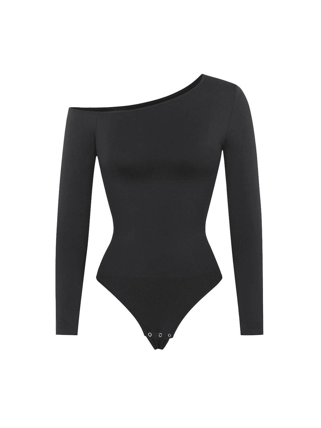 A black long-sleeve bodysuit with an asymmetrical off-the-shoulder neckline, displayed on a solid white background.