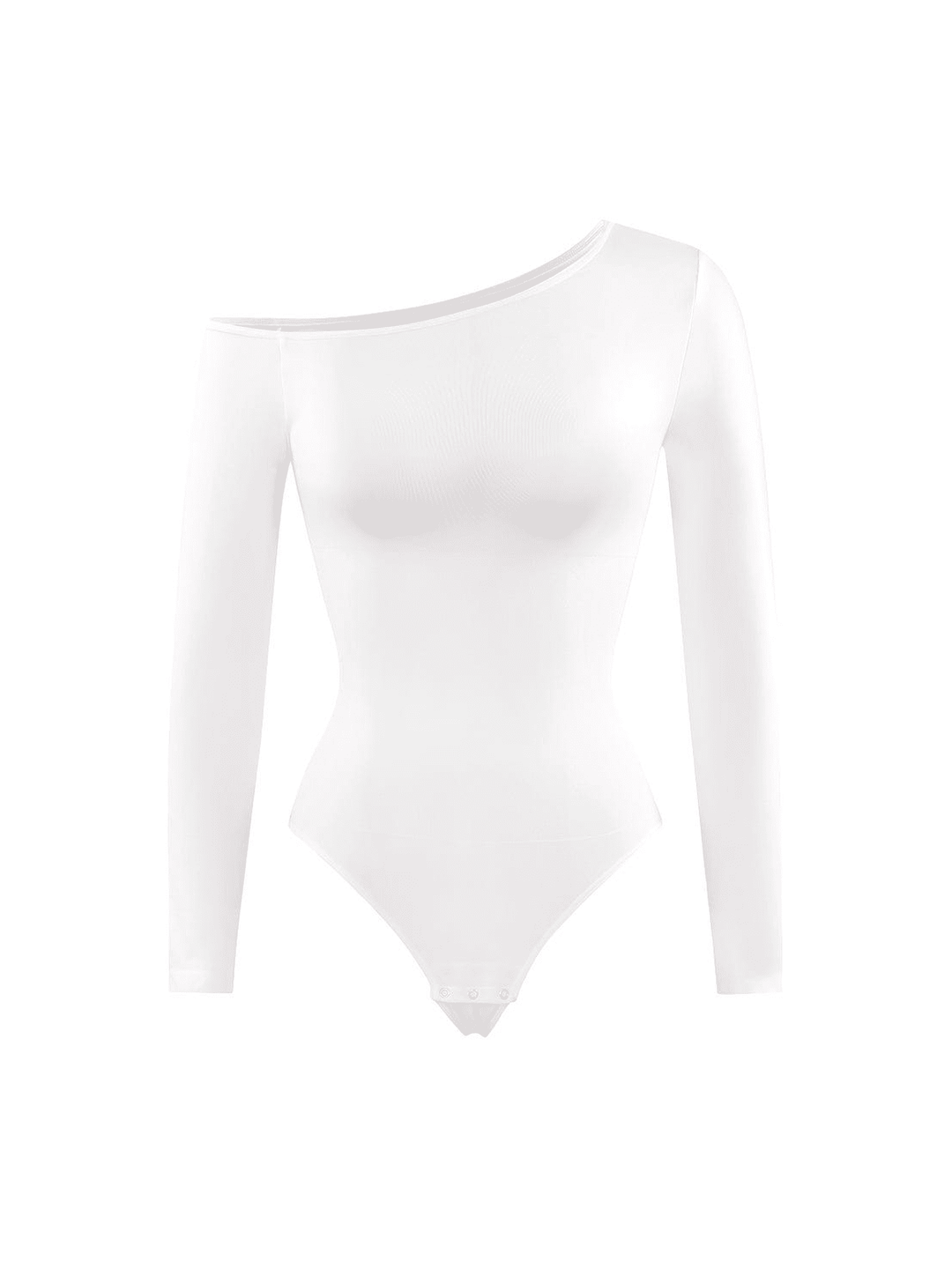 A white long-sleeve bodysuit with an asymmetrical off-the-shoulder neckline, displayed on a solid white background.
