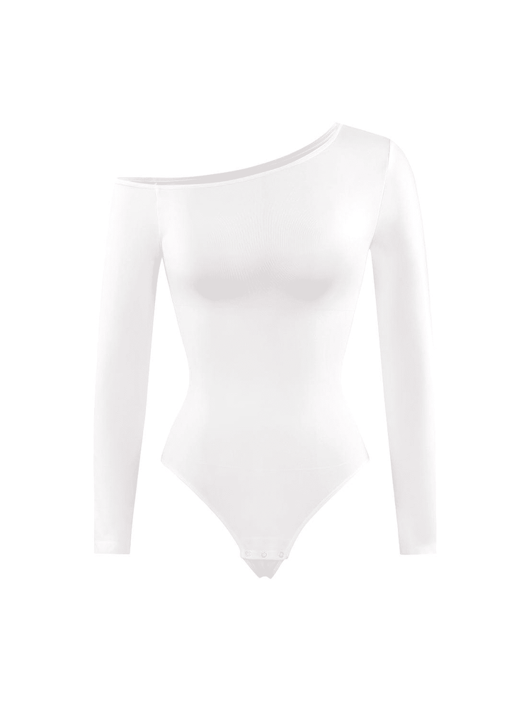 A white long-sleeve bodysuit with an asymmetrical off-the-shoulder neckline, displayed on a solid white background.