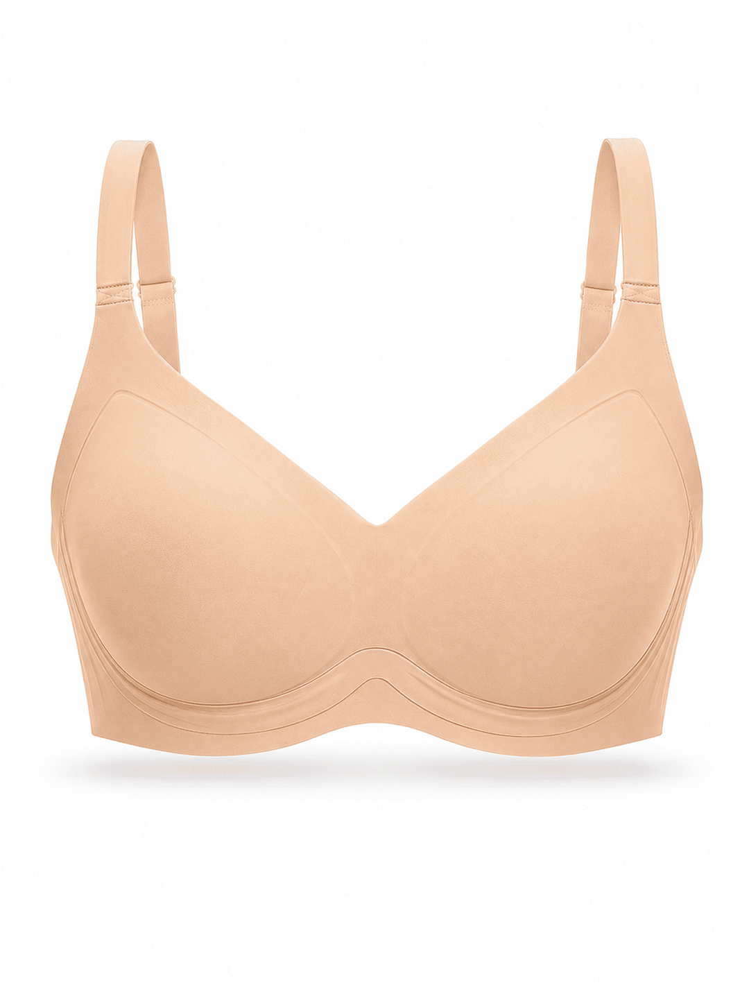 A seamless, wireless beige/nude bra with adjustable shoulder straps, shown against a plain white background.
