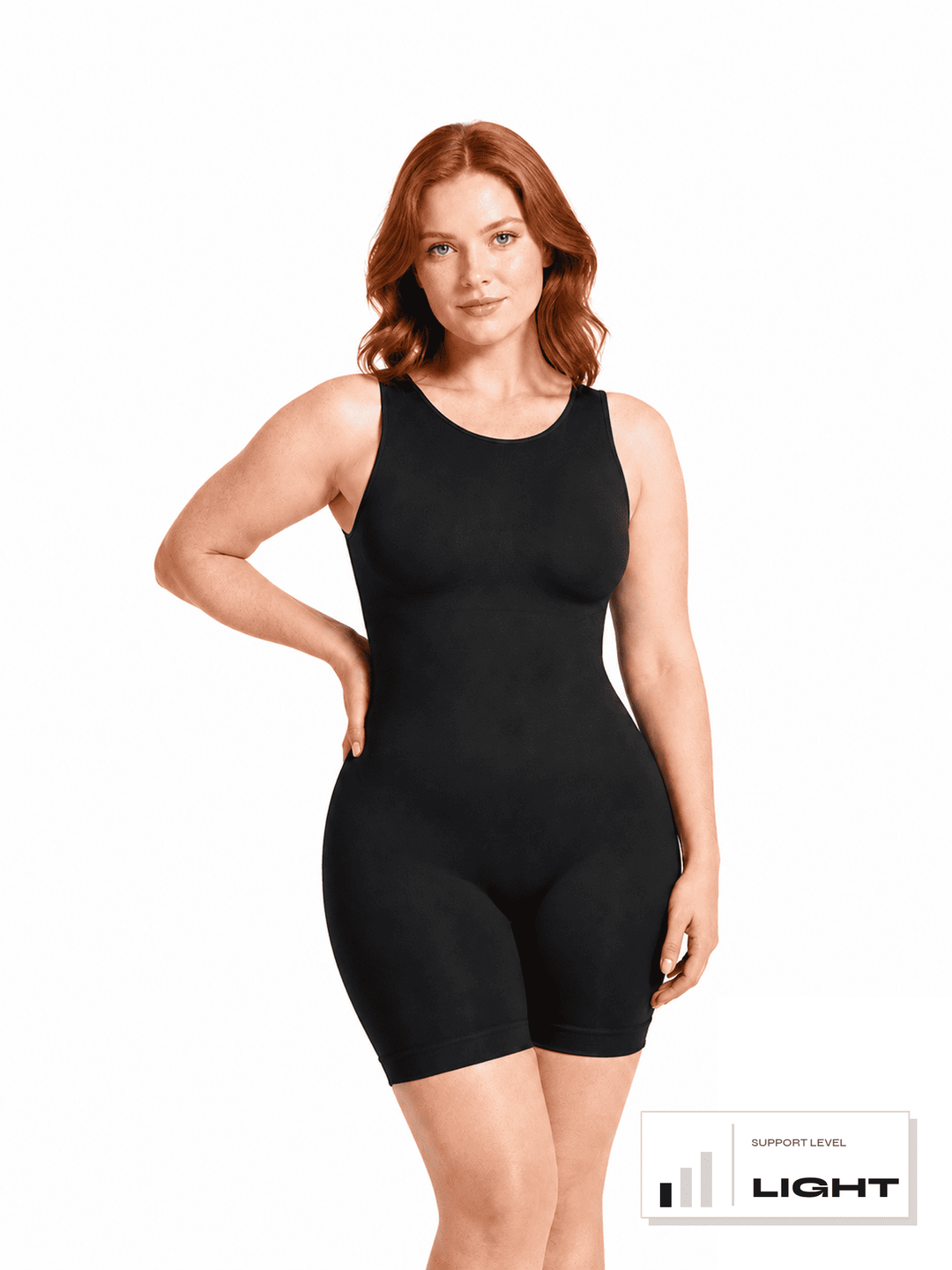 A woman modeling a black sleeveless compression bodysuit with built-in shorts, shown against a plain white background with a 'Support Level Light' badge in the bottom right corner.