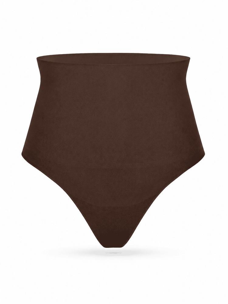 A solid dark brown high-waisted brief or shapewear bottom, shown from the front on a clean white background.