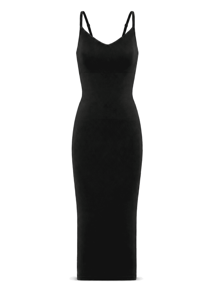 A black sleeveless bodycon maxi dress with thin shoulder straps and a V-neckline, shown against a plain white background.