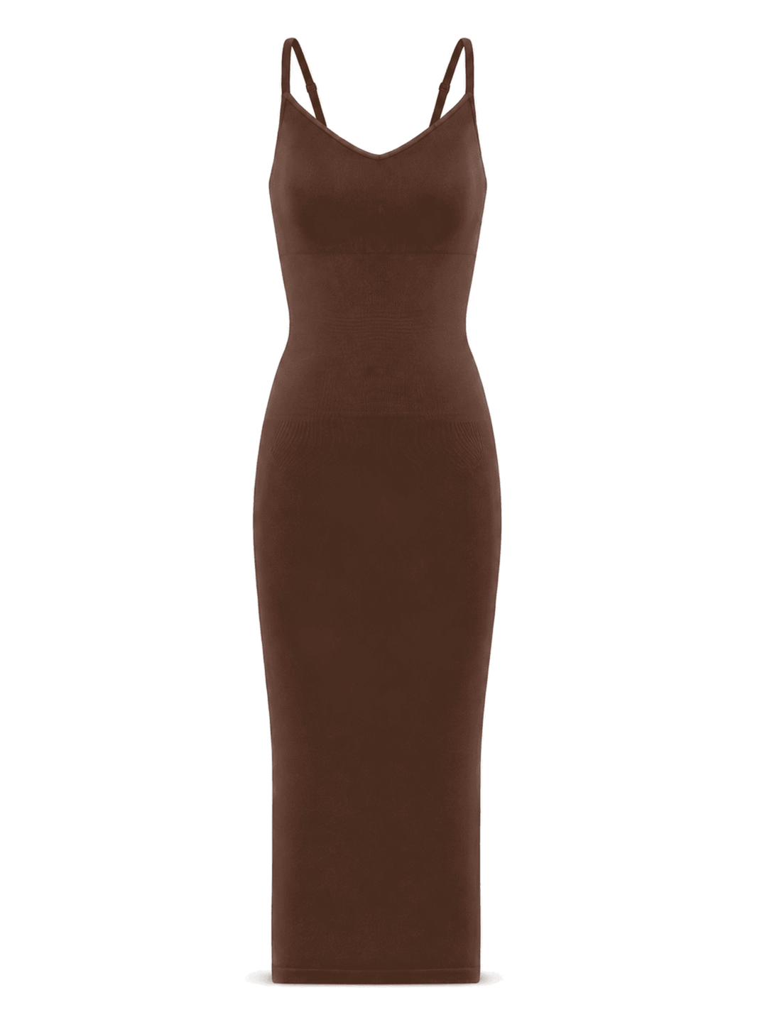 A brown bodycon midi dress with thin spaghetti straps and a V-neckline, shown on a plain white background.