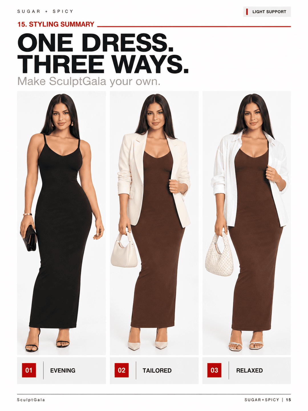 A styling summary page from SculpGala showing three different looks of a model wearing a bodycon midi dress, styled with a black dress, a brown dress, and the same dress with a white blazer. The page includes text and numbered style options.
