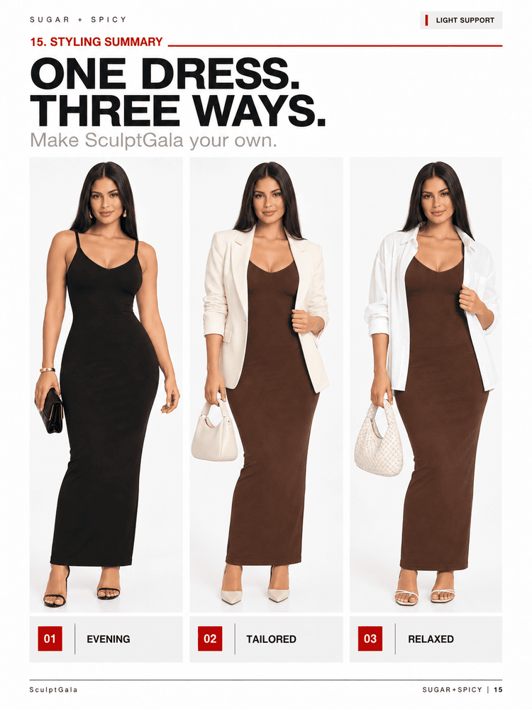 A styling summary page from SculpGala showing three different looks of a model wearing a bodycon midi dress, styled with a black dress, a brown dress, and the same dress with a white blazer. The page includes text and numbered style options.