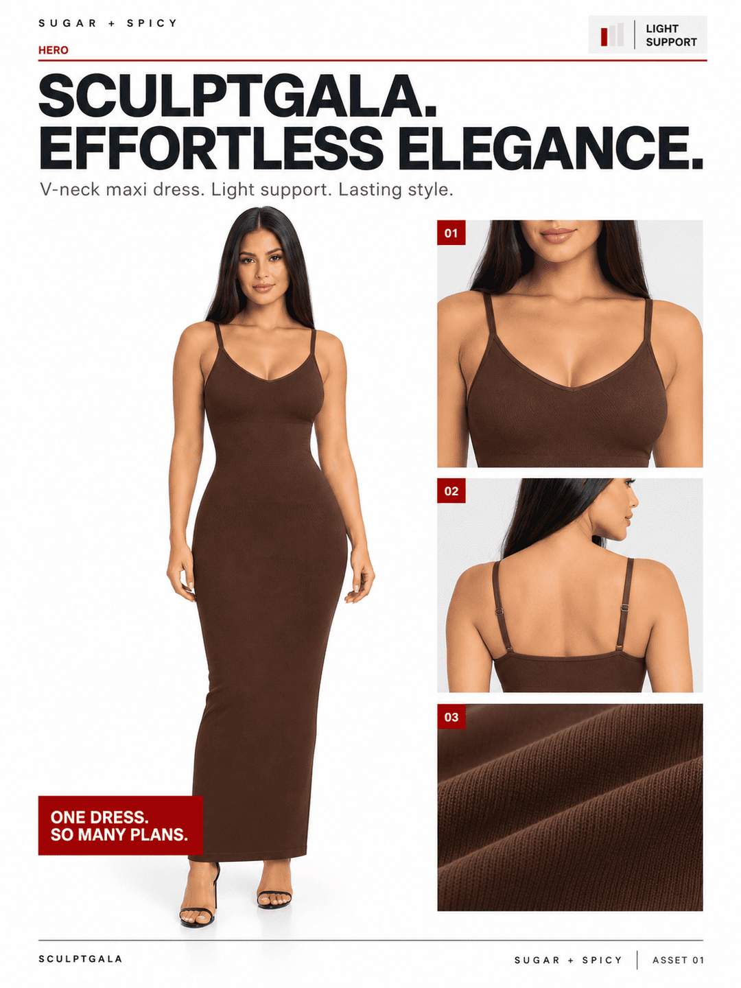 A catalog-style promotional graphic for a brown V-neck maxi dress. The main panel shows a woman modeling the full-length dress against a white background, with three smaller inset panels on the right showing the neckline, back, and fabric close-up.