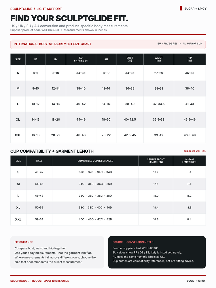 A measurement chart and compatibility table for the Sculpt Glide Fit by AS Colour, showing body measurements in centimeters and inches for sizes S through XXL, plus cup compatibility and garment length guidance.