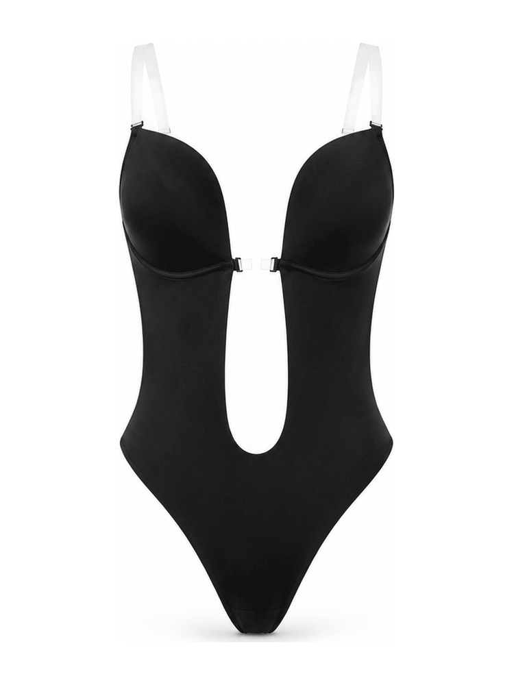 A black one-piece swimsuit with a plunging cutout neckline and clear shoulder straps, shown against a plain white background.