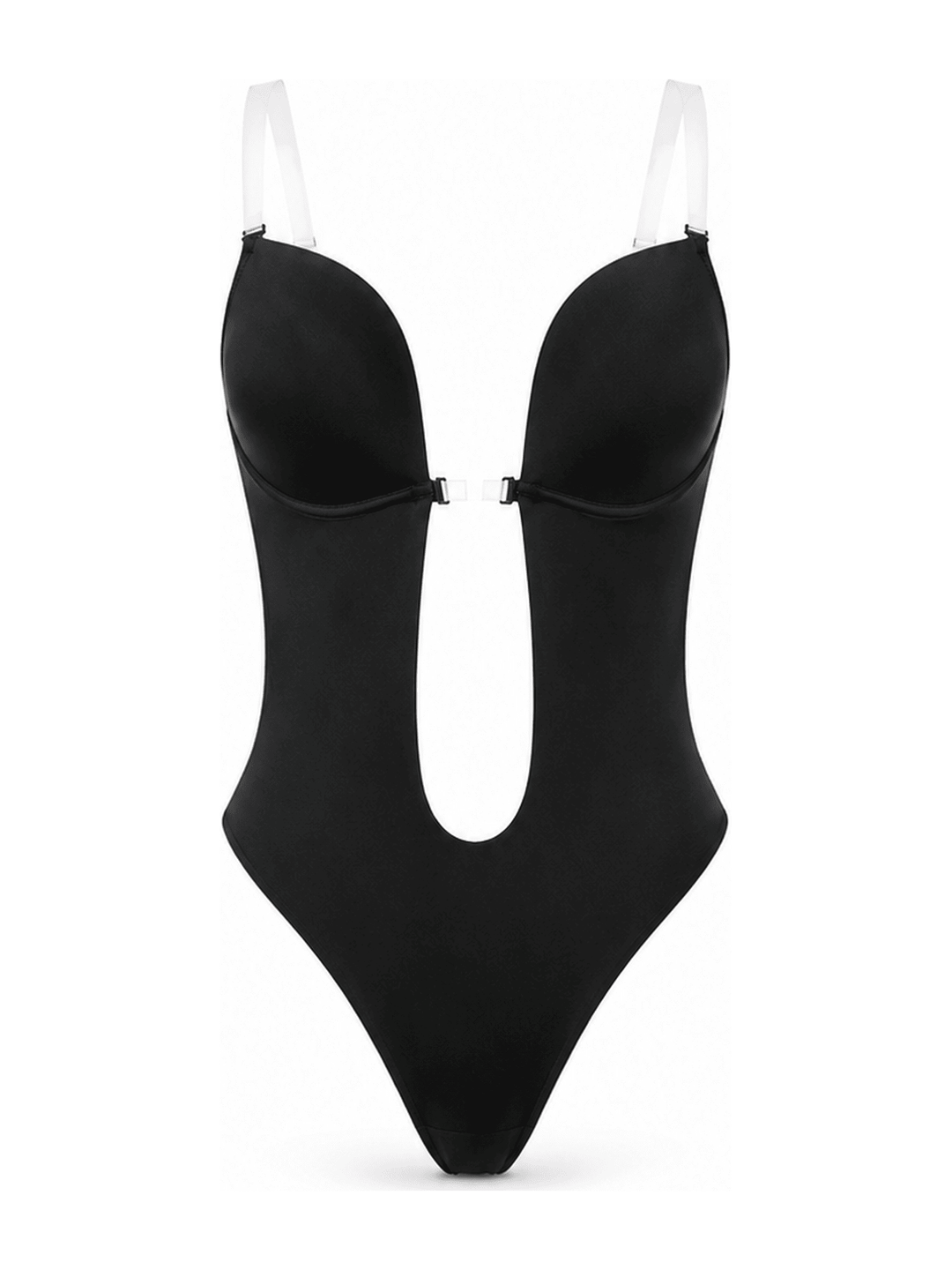 A black one-piece swimsuit with a plunging cutout neckline and clear shoulder straps, shown against a plain white background.