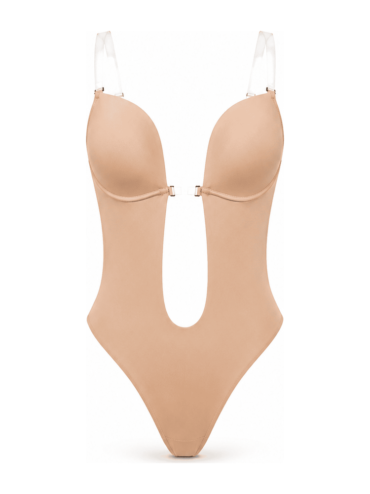 A nude-beige shapewear bodysuit with a plunging V-neckline and clear shoulder straps, shown against a plain white background.