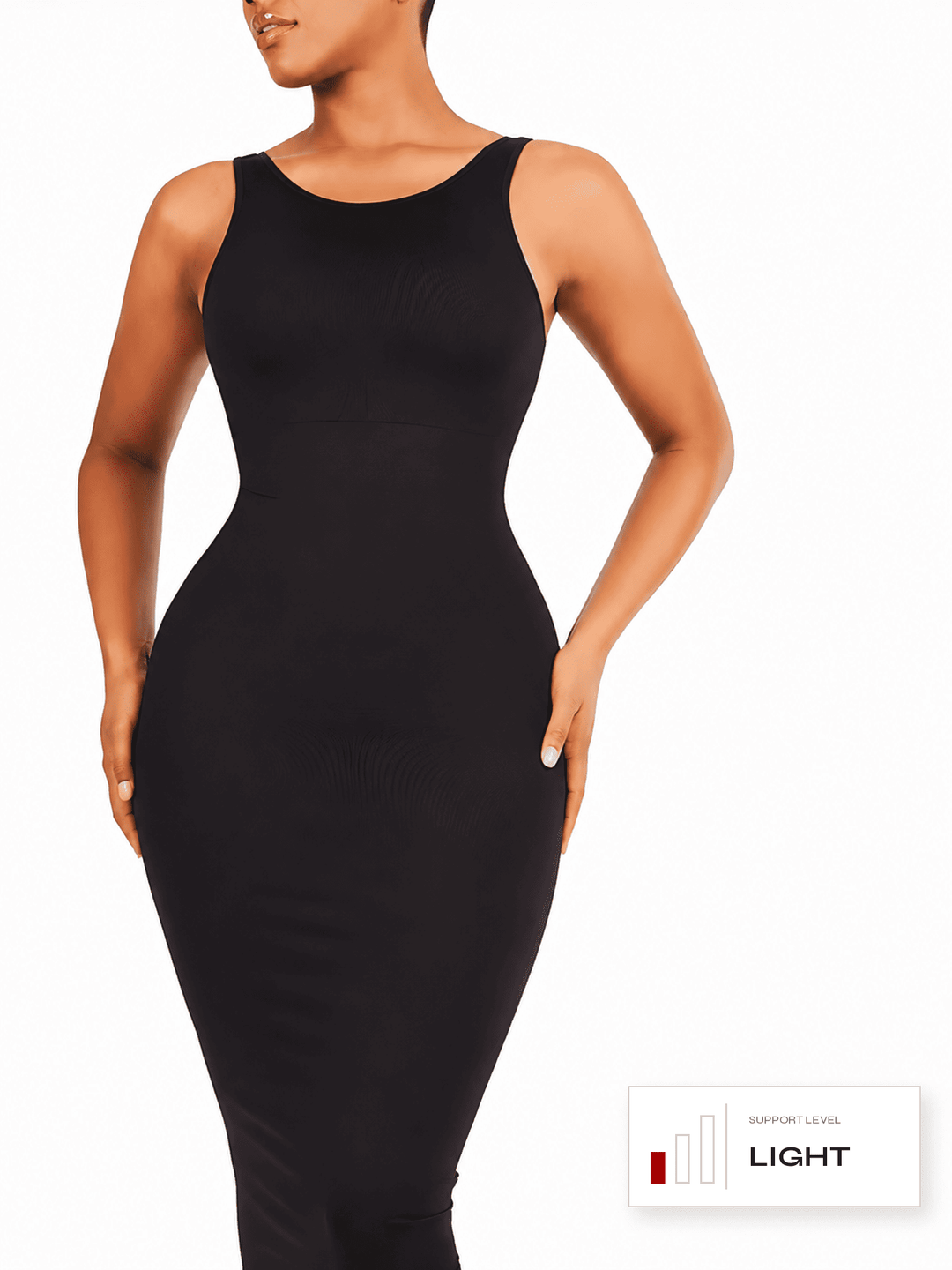 A woman modeling a sleeveless, bodycon black midi dress against a plain white background, with a small support-level graphic in the bottom right corner.