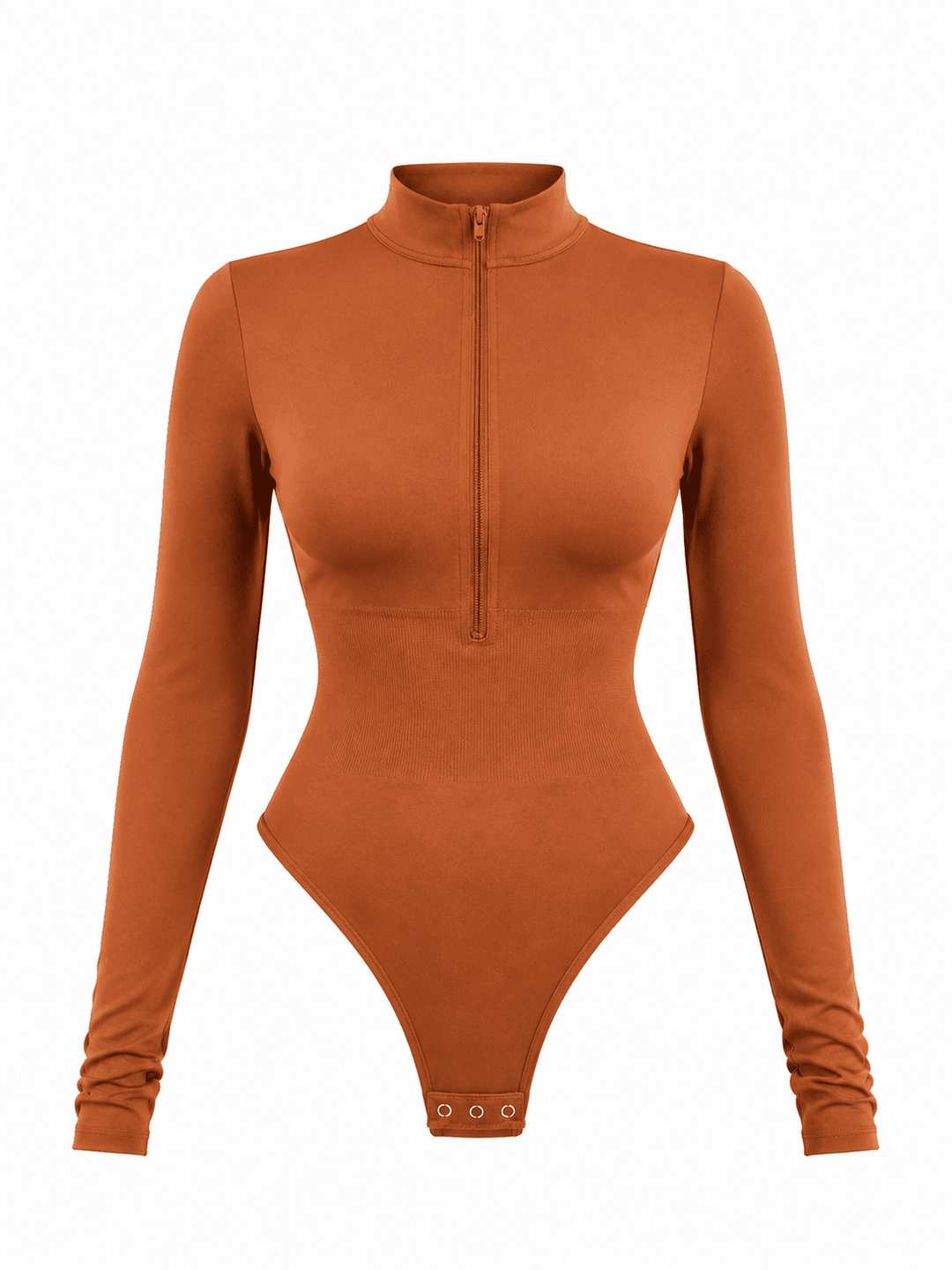 A long-sleeve bodysuit in a warm rust or terracotta orange color, featuring a mock neck and a half-zip front, displayed on a clean white background.