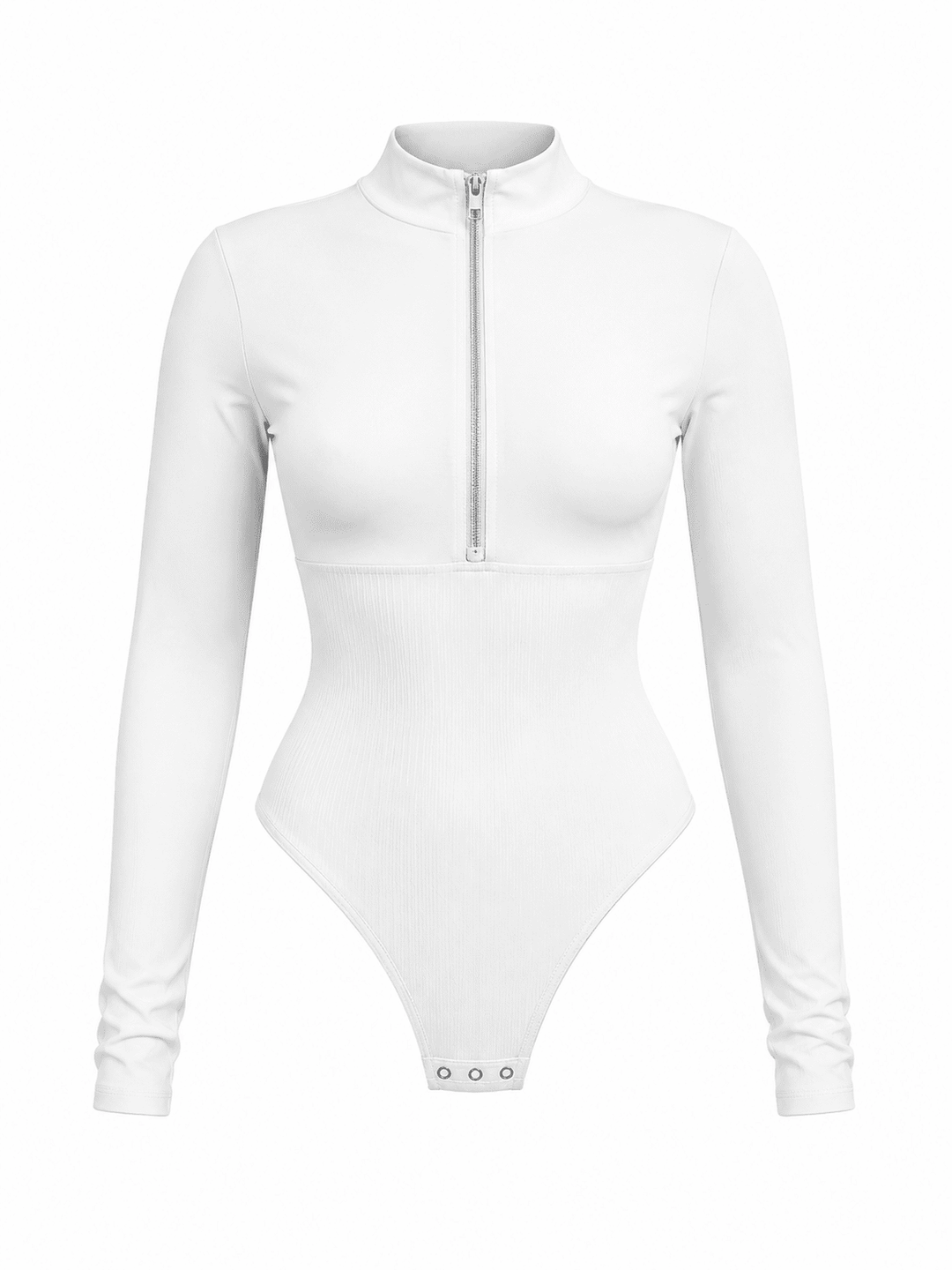 A white long-sleeve bodysuit with a mock neck and a half-zip front, displayed on a clean white background.