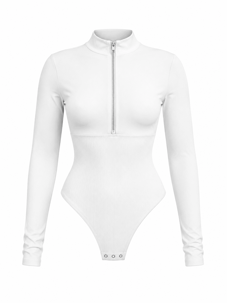 A white long-sleeve bodysuit with a mock neck and a half-zip front, displayed on a clean white background.