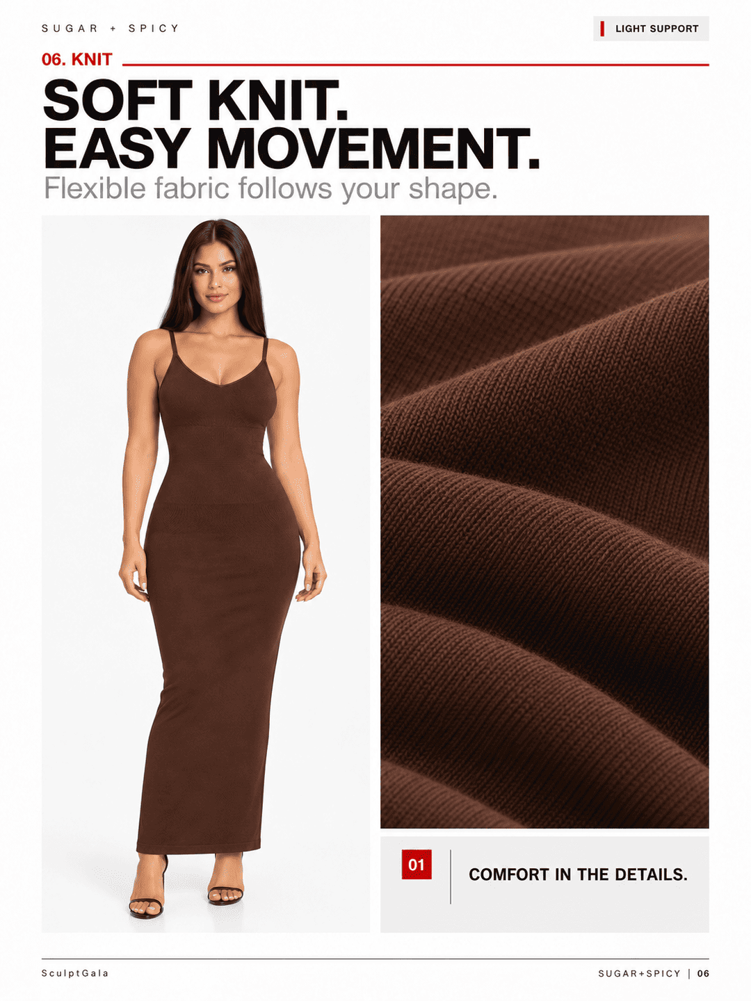 A fashion catalog page showing a woman modeling a fitted brown knit spaghetti-strap dress against a white background, next to a close-up fabric texture panel with the headline &