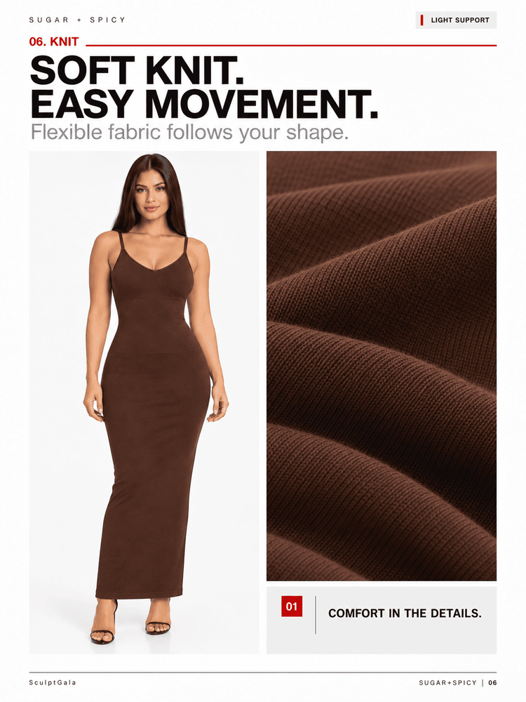 A fashion catalog page showing a woman modeling a fitted brown knit spaghetti-strap dress against a white background, next to a close-up fabric texture panel with the headline 'SOFT KNIT. EASY MOVEMENT.