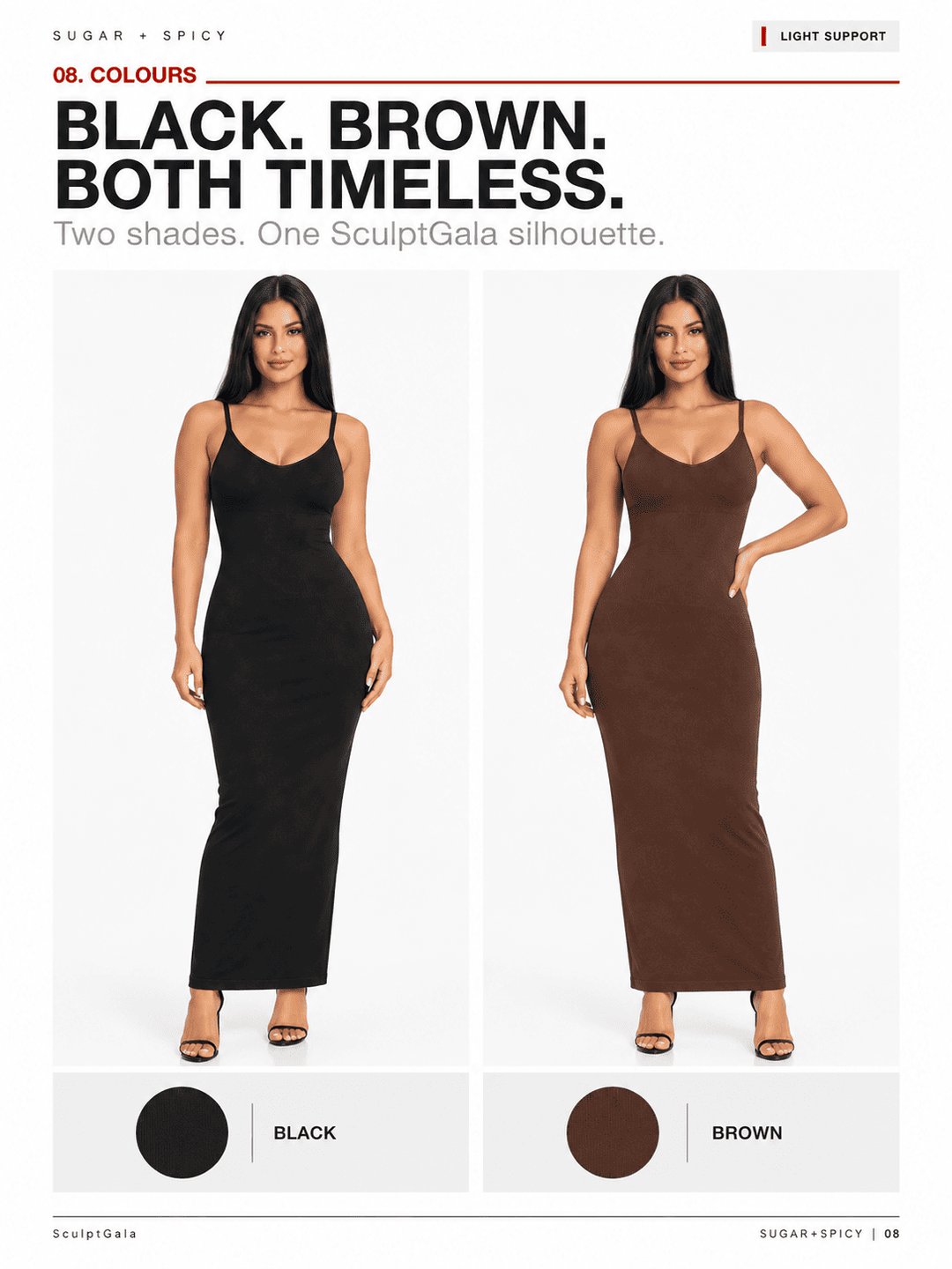 A catalog page showing two models wearing fitted spaghetti-strap midi dresses in black and brown, with large text reading &
