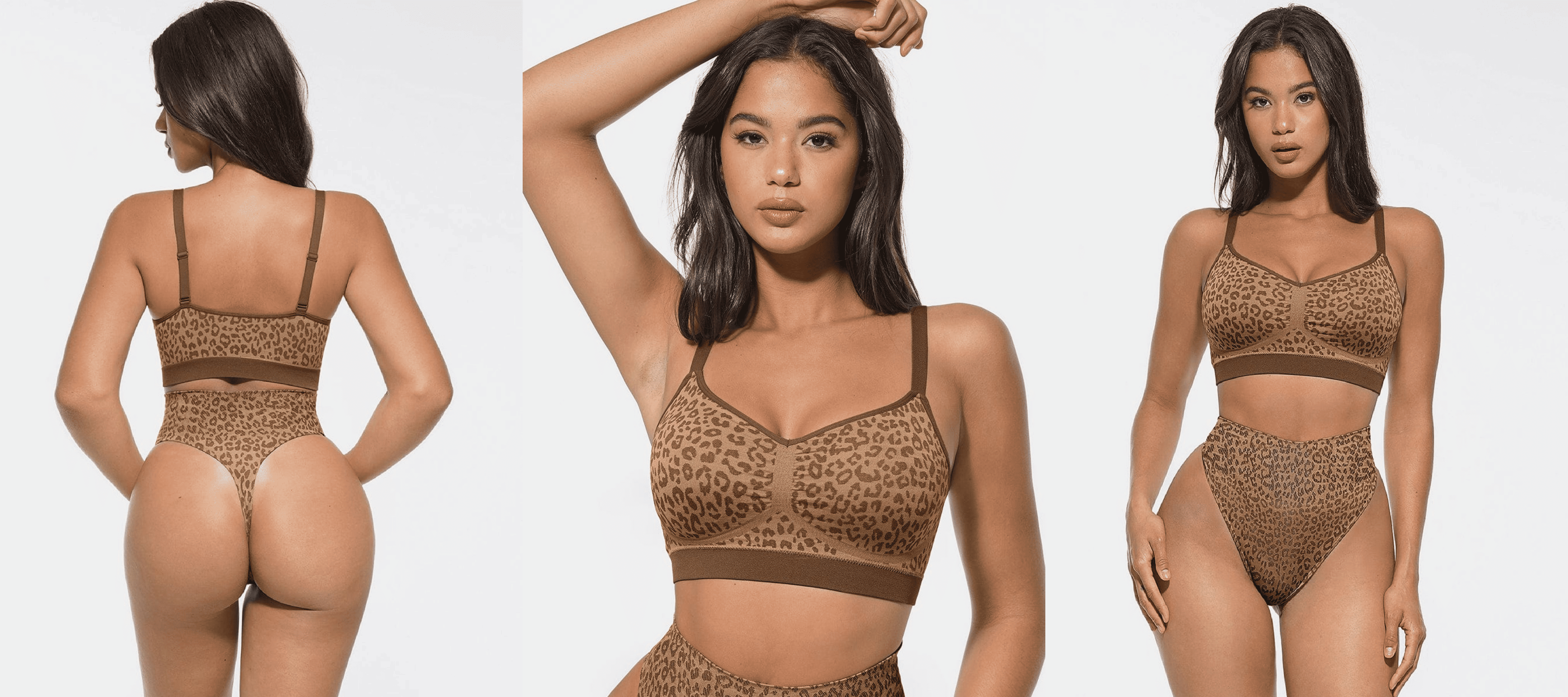 Three-view studio image of a woman wearing a leopard print lingerie set with bra and high-waisted panties