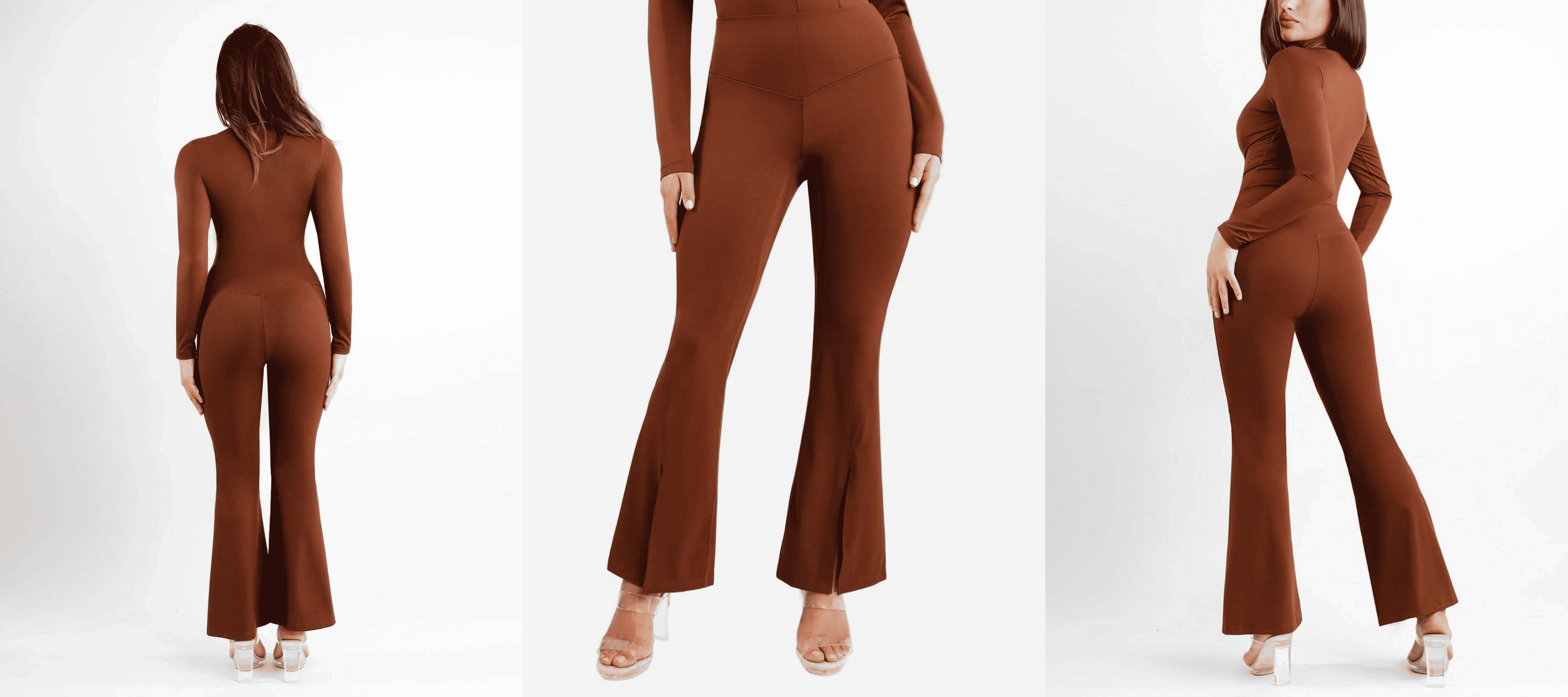 Brown long-sleeve flared jumpsuit with open-back design and heels, shown from front, back and side views