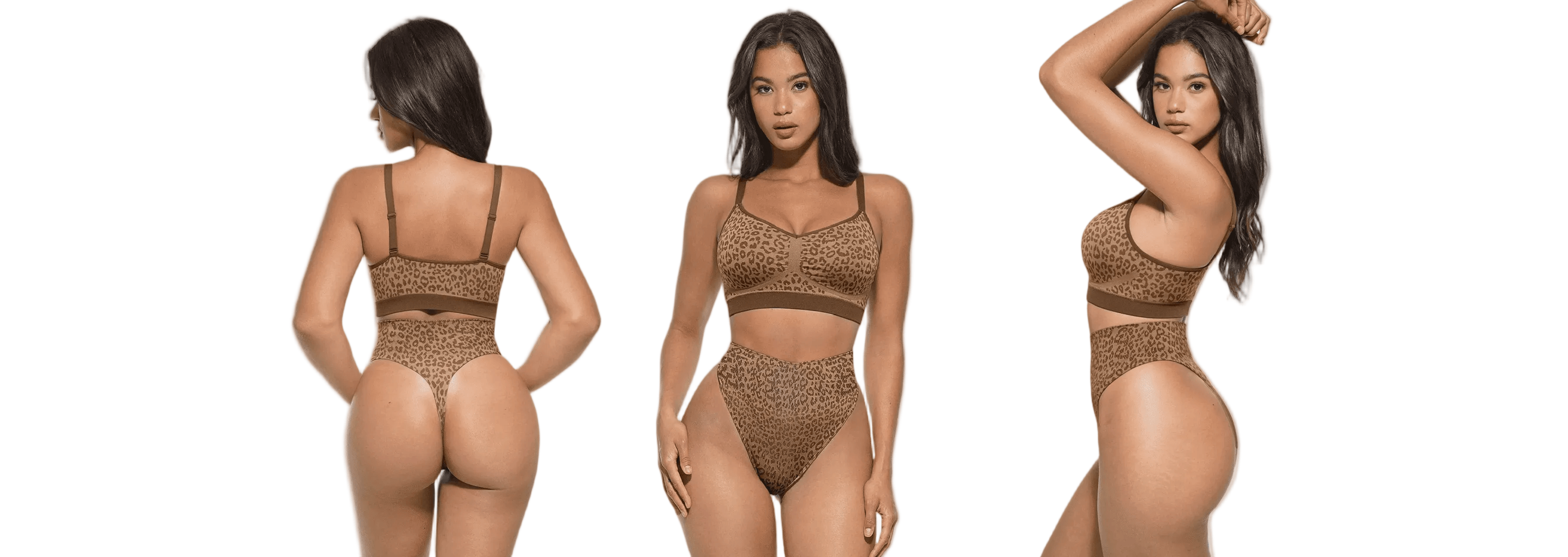 Three-view studio shot of woman in leopard print lingerie set, showing front, back, and side views on white background