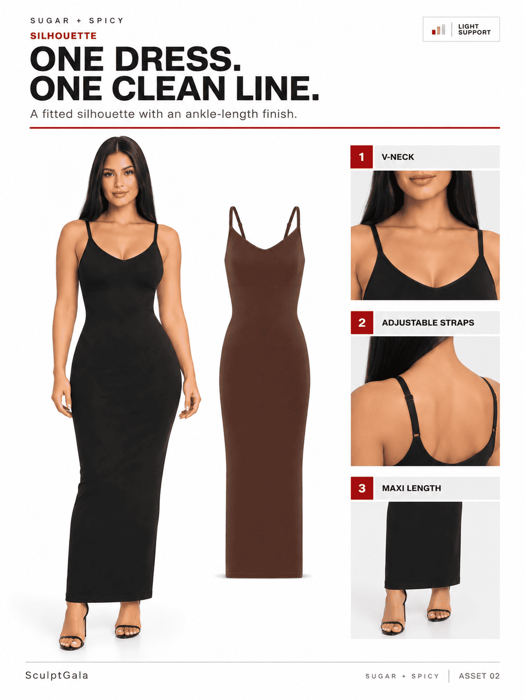 A catalog page for a fitted ankle-length spaghetti-strap dress, showing a model wearing a black version, a standalone brown version, and three inset close-ups highlighting the V-neck, adjustable straps, and back design. Text at the top reads &