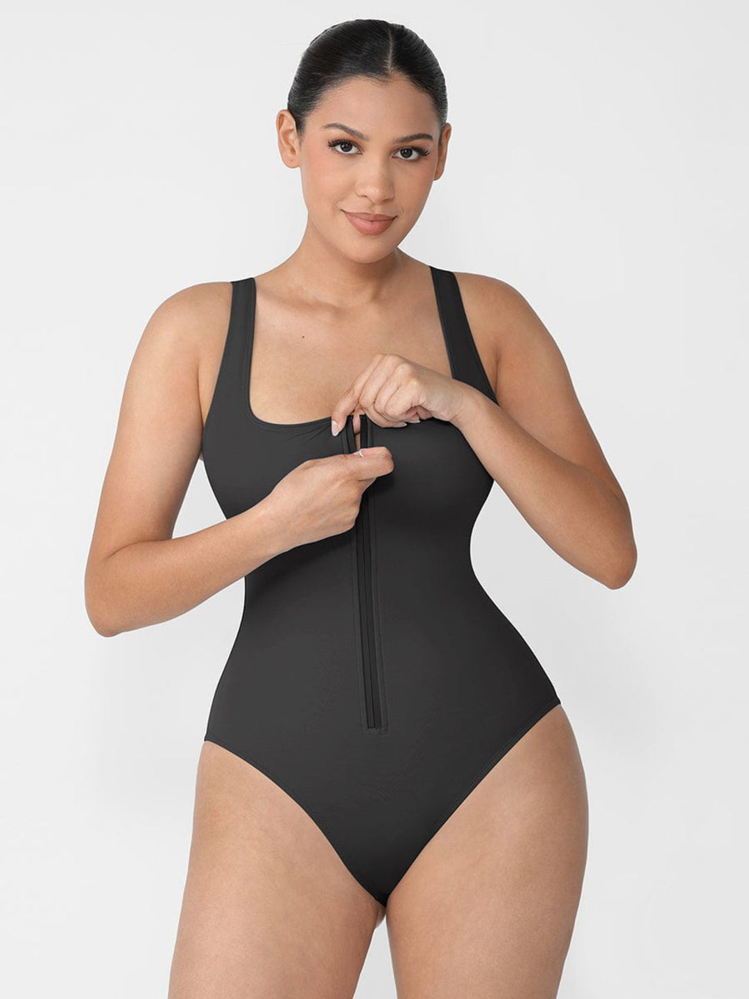 Front-zipper Shaper Bodysuit on model - zipper detail
