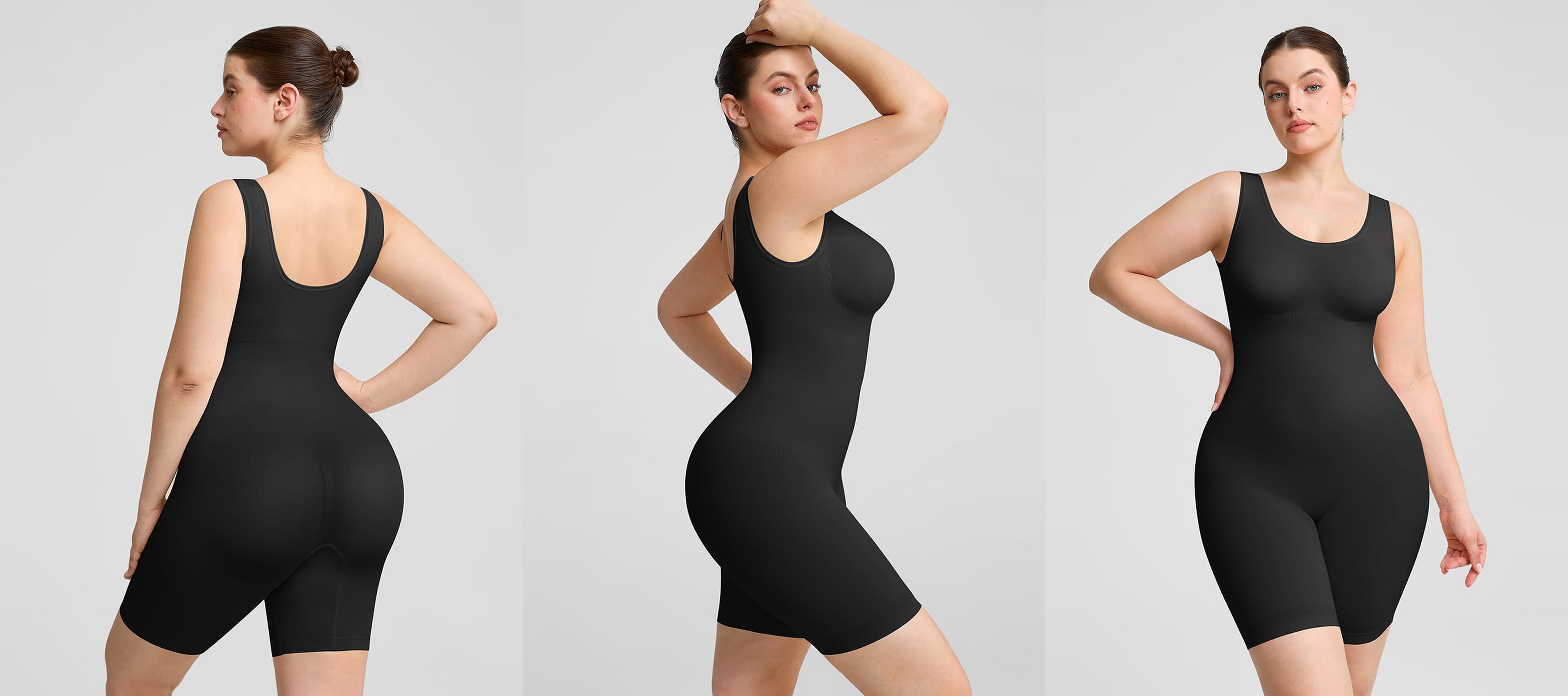 A plus-size model is shown in three views wearing a black shapewear bodysuit with matching shorts against a light gray studio background.