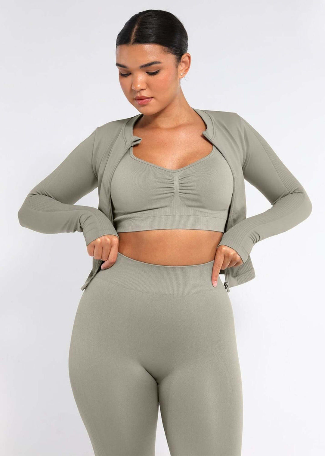 body shaping leggings with sleek fit and light control, shown with matching activewear set for a smooth silhouette