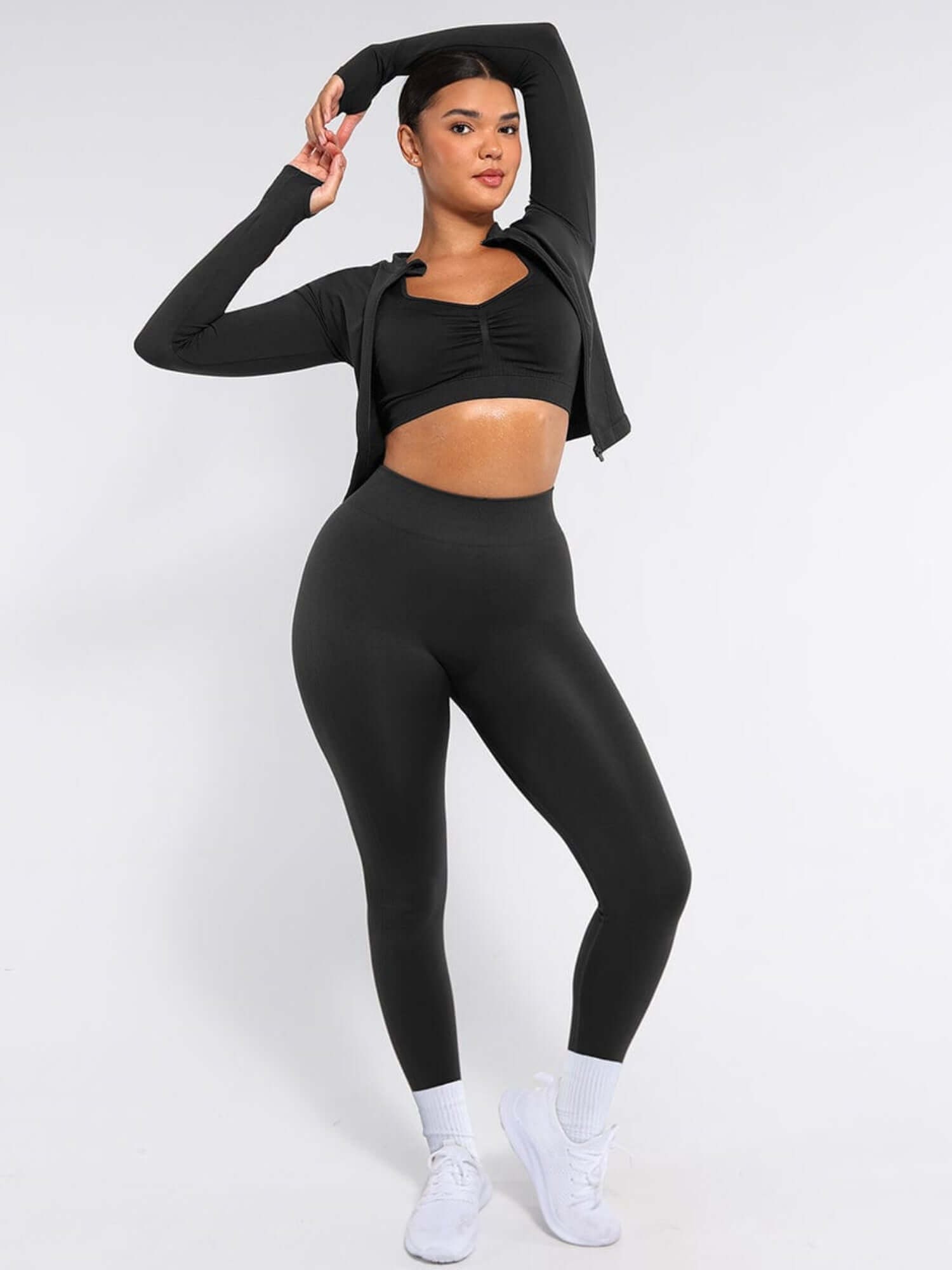 Body shaping leggings with high-waist seamless fit, enhancing curves and elongating legs for a sleek, confident look