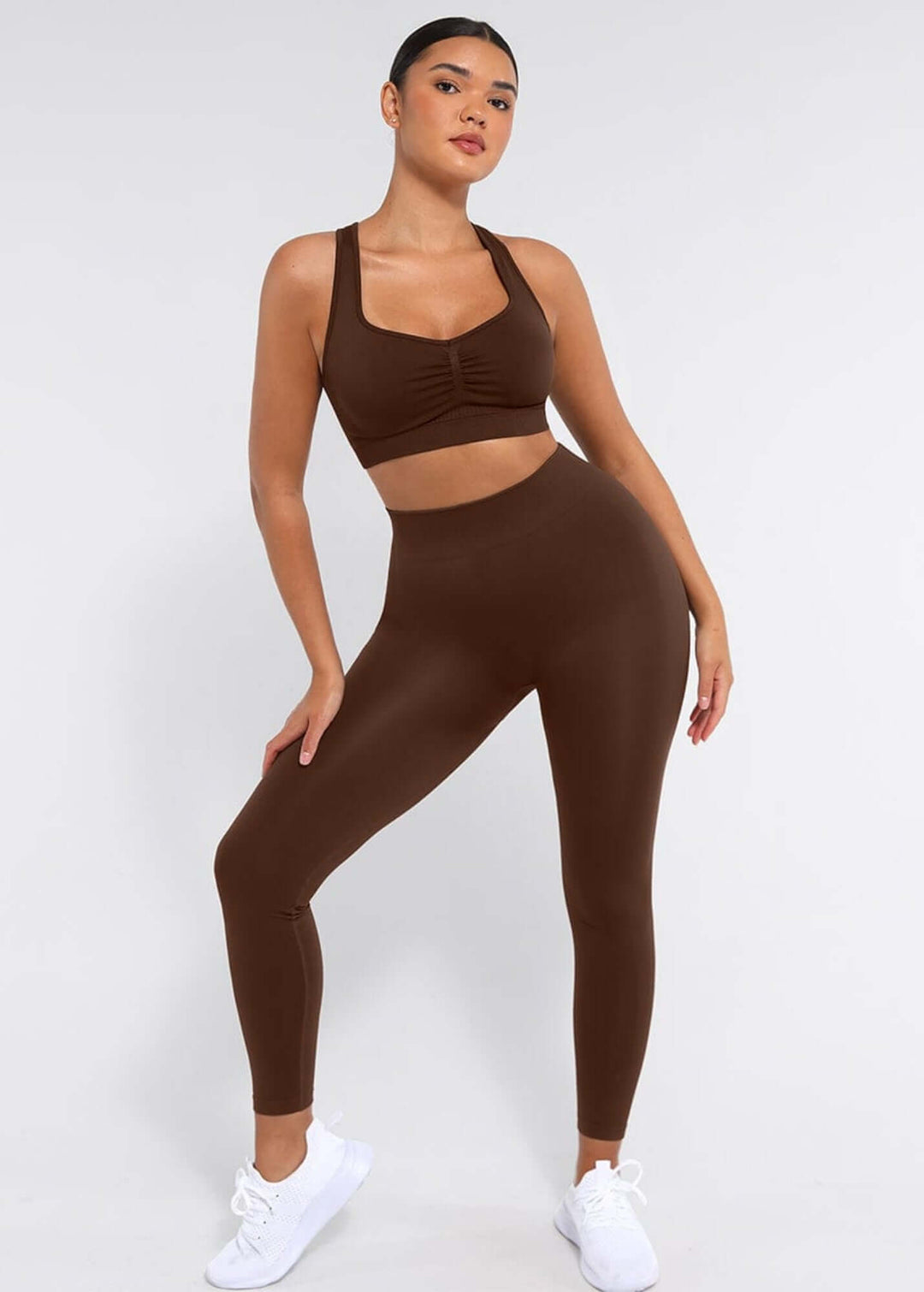 Body shaping leggings in brown, seamless high-elastic fit with tight waistband, enhancing curves and slim leg shape