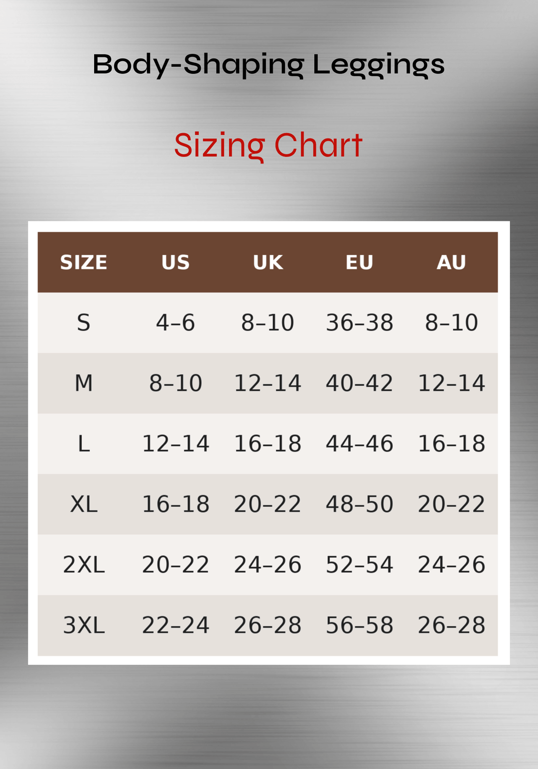body shaping leggings sizing chart with US, UK, EU, and AU size guide