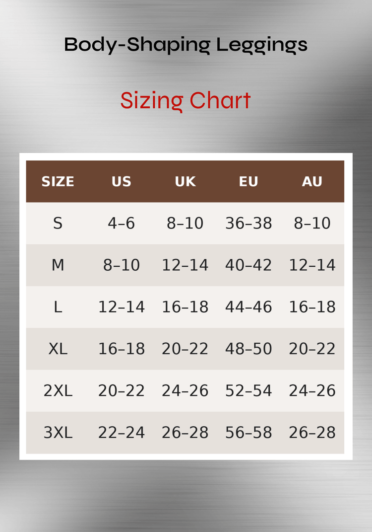body shaping leggings sizing chart with US, UK, EU, and AU size guide
