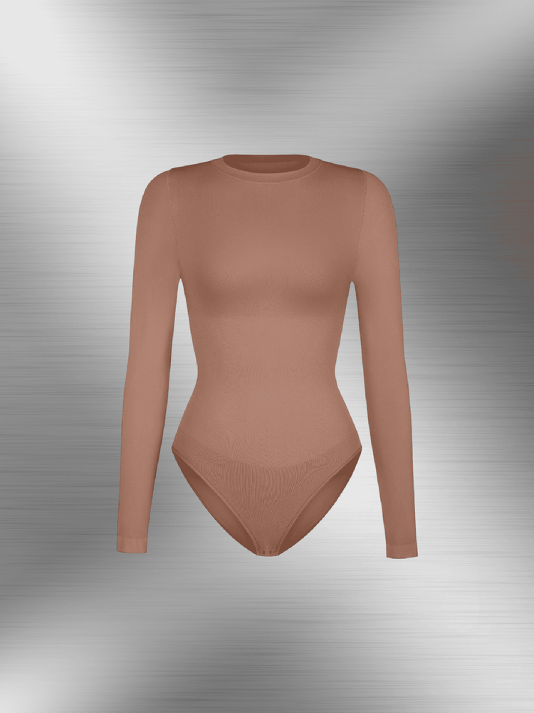 Seamless long sleeve bodysuit with crew neck and tummy control for a smooth, sculpted fit in nude