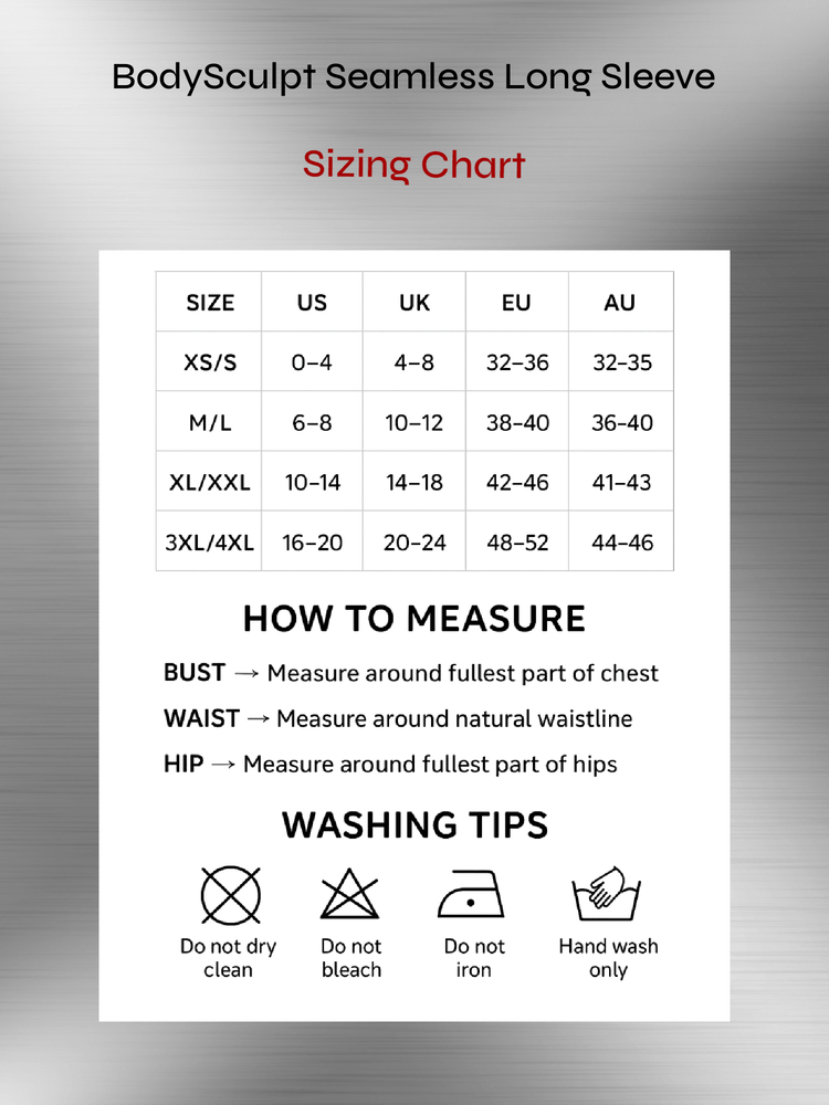 BodySculpt seamless long sleeve bodysuit sizing chart with size conversions, how to measure guide, and washing tips