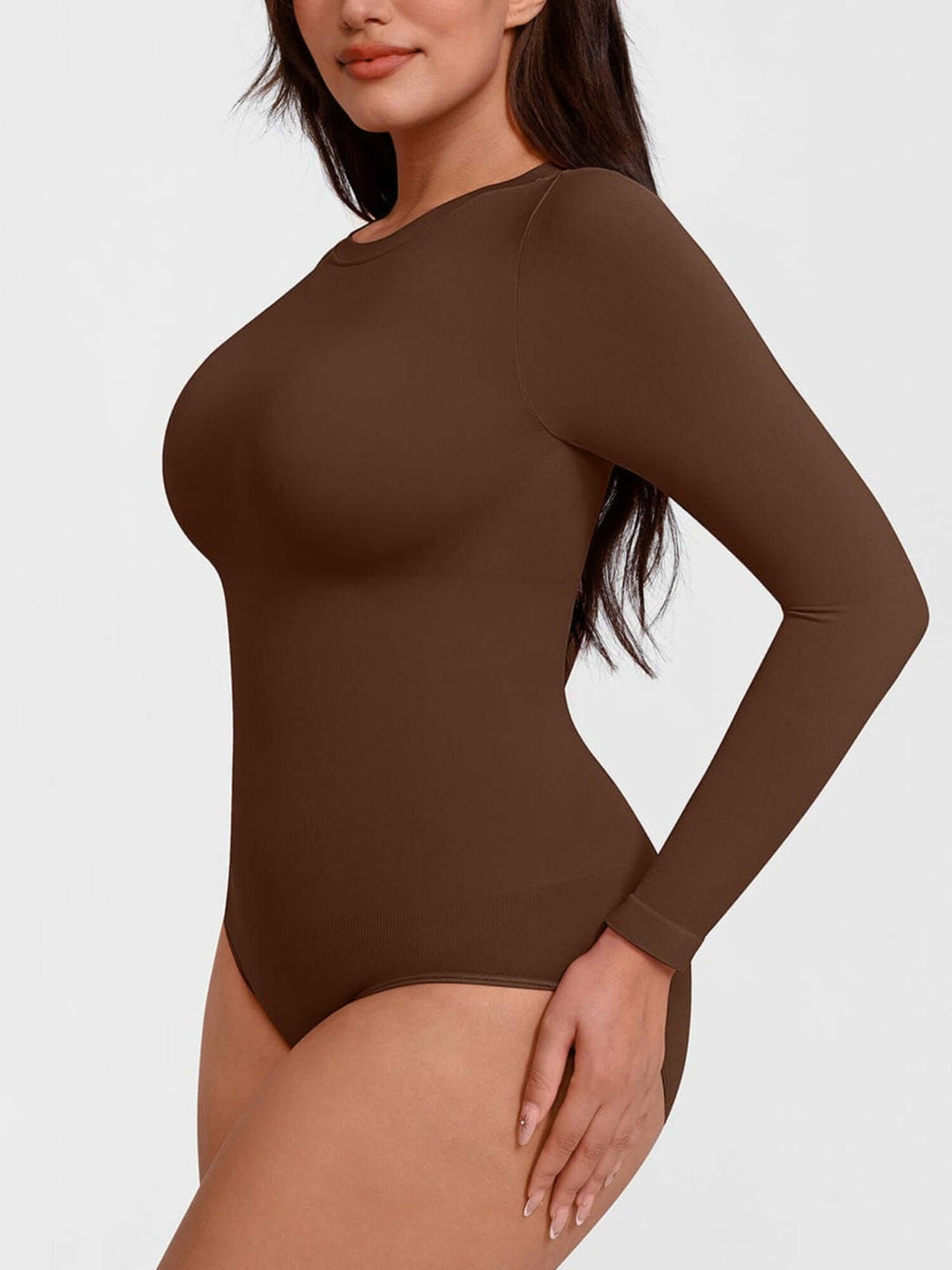 BodySculpt seamless long sleeve bodysuit, crew neck shaping bodysuit with tummy control, long sleeve fit in brown