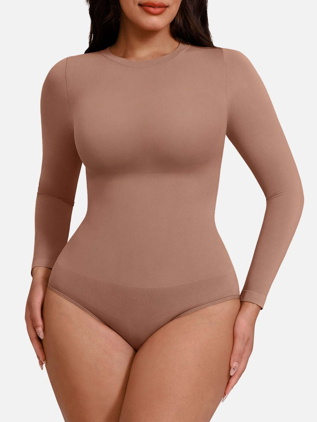 seamless long sleeve bodysuit with crew neck and tummy control for a smooth, sculpted fit