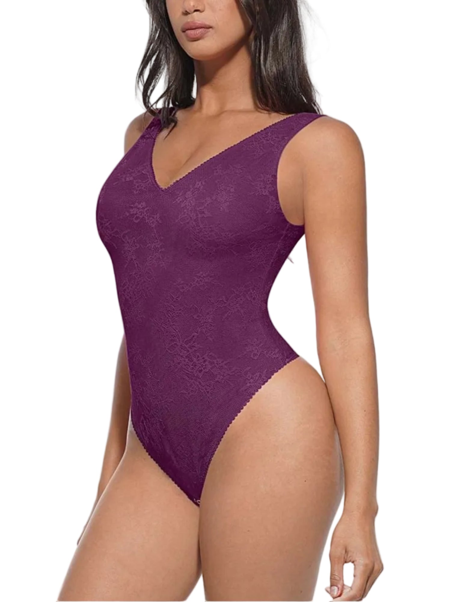 Purple lace bodysuit worn by a model on a white background