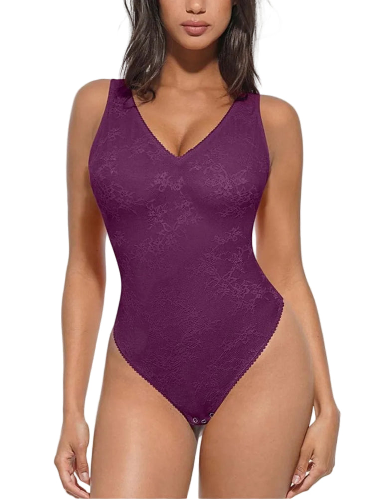 Purple bodysuit worn by a model on a white background
